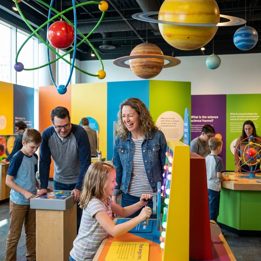 A family exploring a colorful interactive science exhibit area with hands-on stations and large hanging scientific models overhead
