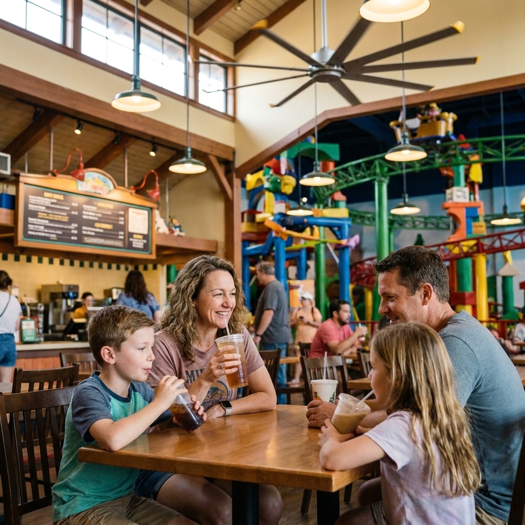 A family resting at an indoor theme park quick-service restaurant with cold drinks and fans visible in the background