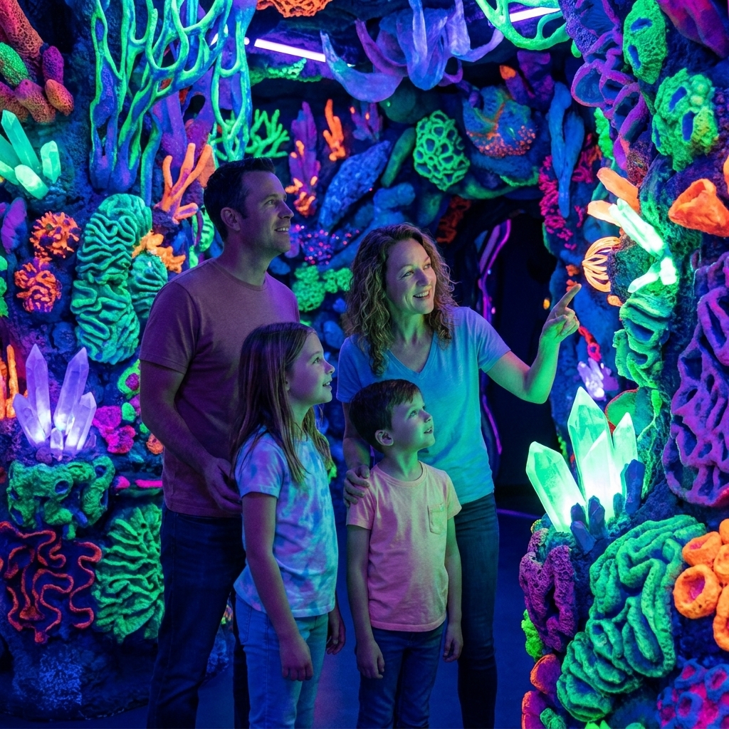 A family standing in a vivid, surreal room with glowing colors and layered sculptural textures at Meow Wolf in Grapevine