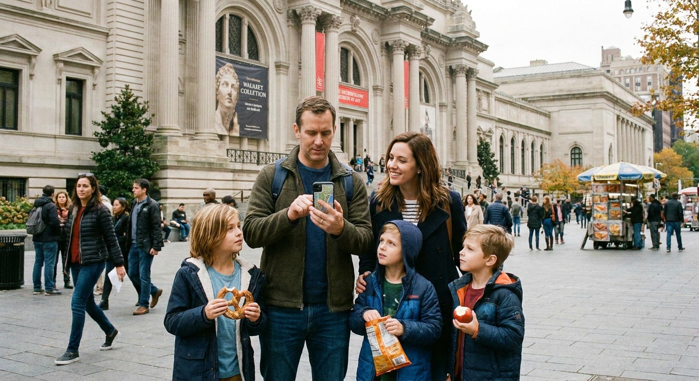 A family standing on a sidewalk near a museum entrance while one parent checks a map on a phone and the kids hold snacks