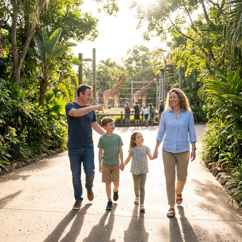A family walking along a wide zoo pathway lined with greenery, looking toward a large animal habitat viewing area on a bright afternoon