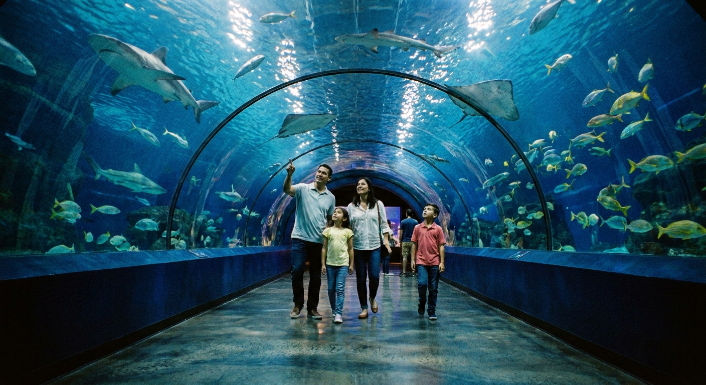 A family walking through a large aquarium tunnel with fish swimming overhead and blue lighting reflecting on the floor.