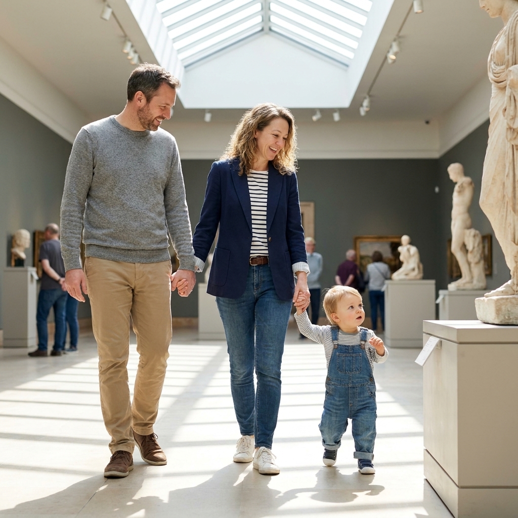 A family walking through a spacious museum atrium with natural light and plenty of room for a toddler to stroll safely