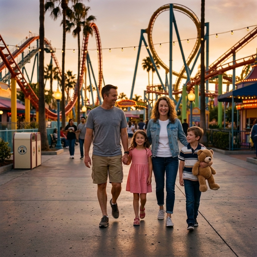A family walking through an amusement park at golden hour as warm lights begin to turn on
