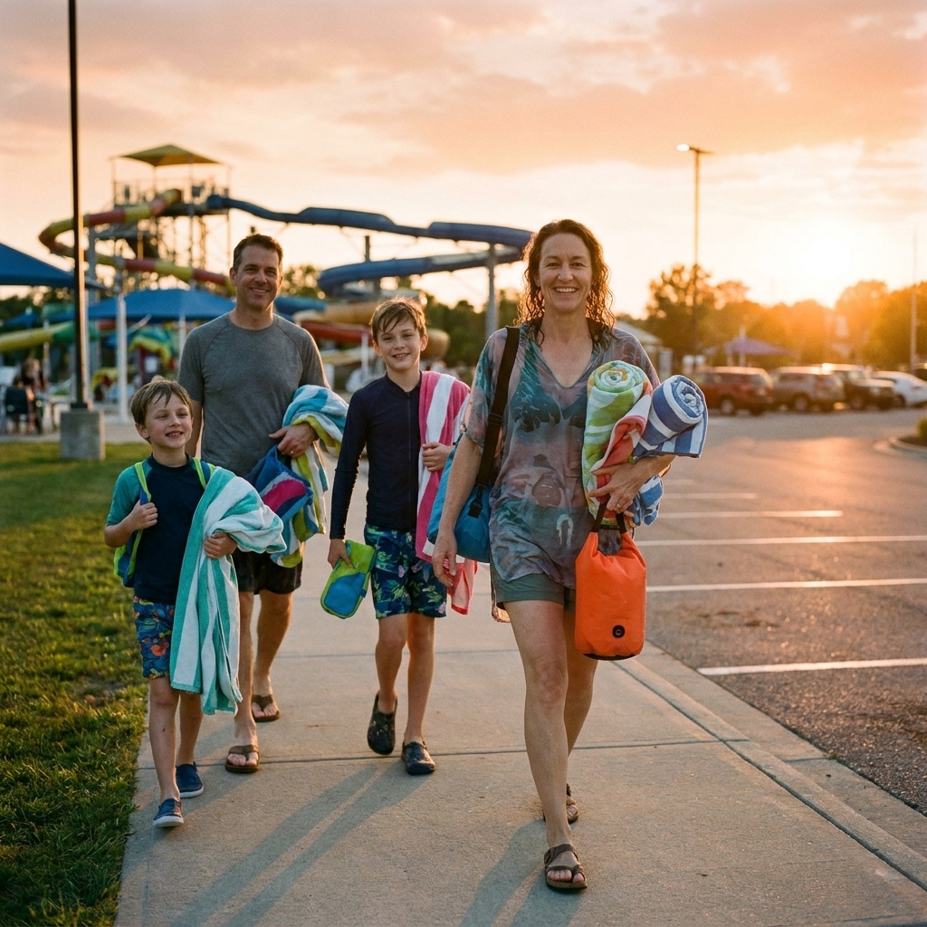 A family walking toward a parking lot at sunset carrying towels and a small waterproof bag after a day at a water park