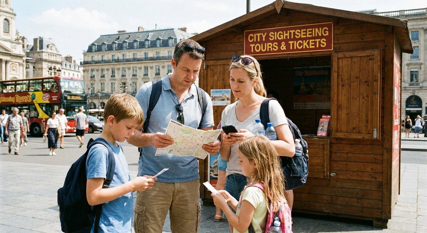 A family with two children checking entry tickets near a city sightseeing booth while holding a folded map and water bottles