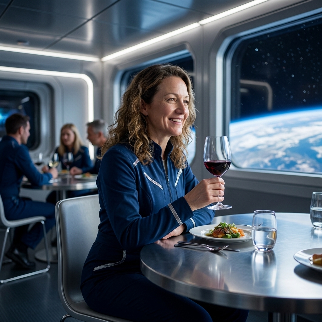 A futuristic dining room with large windows showing Earth and stars, with diners seated at tables