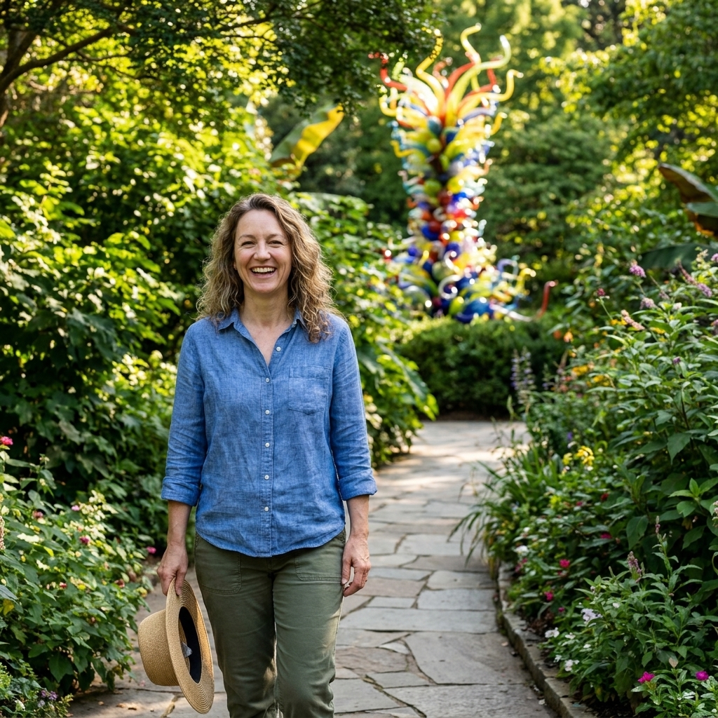 A garden walkway at Atlanta Botanical Garden with lush plantings and a large outdoor sculptural installation visible along the path