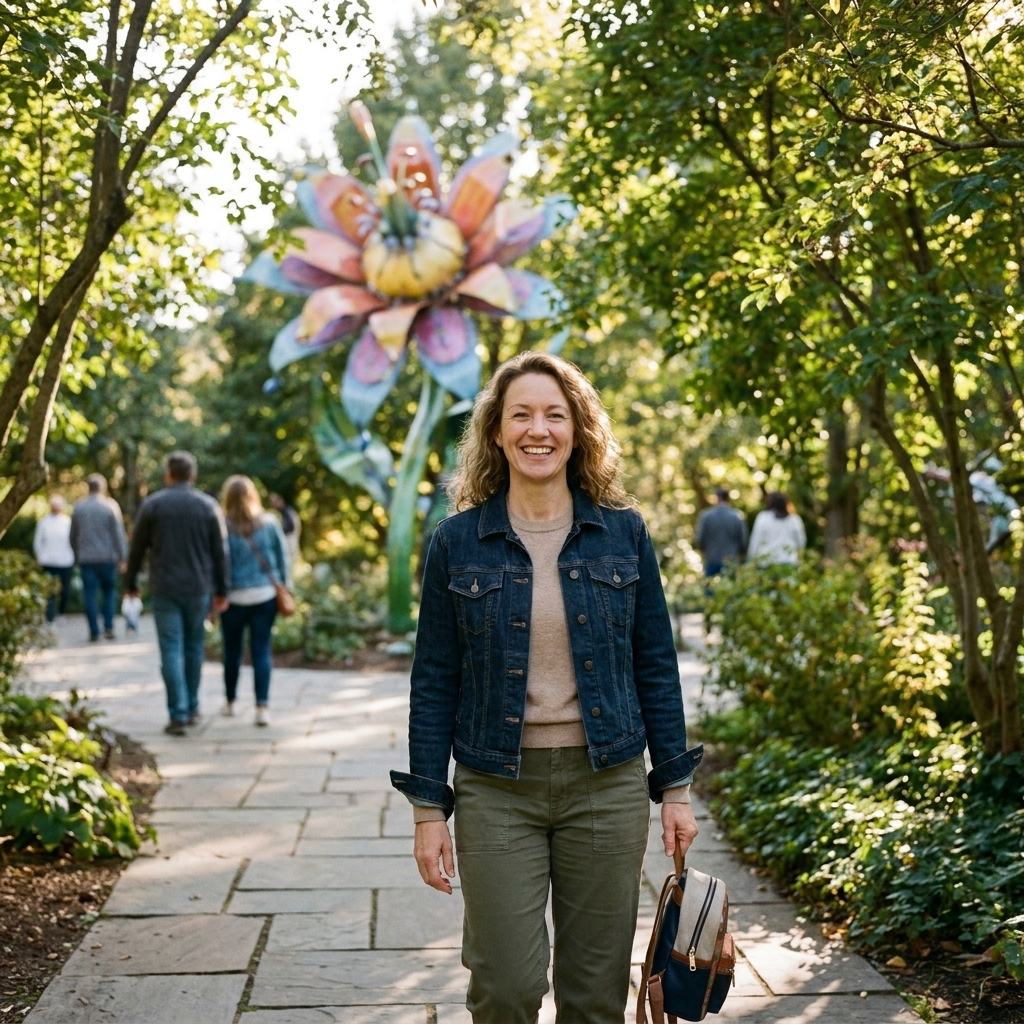 A garden walkway at Grounds For Sculpture in New Jersey with a whimsical large-scale sculpture partially framed by trees and visitors strolling along a paved path
