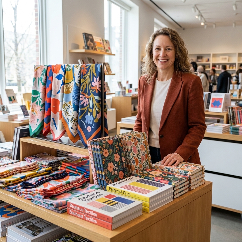 A gift shop table filled with patterned notebooks, textile-inspired scarves, and design books in a bright museum retail space