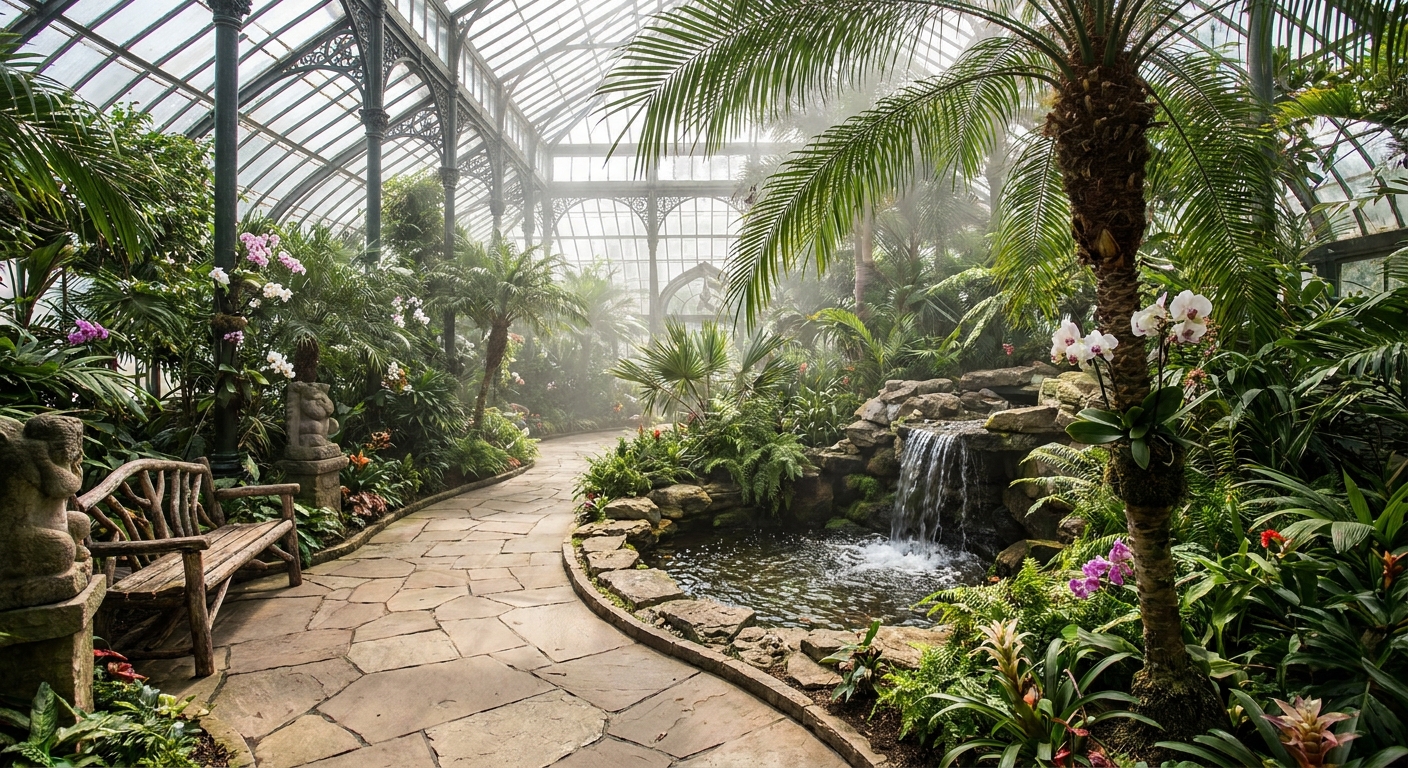 A glass conservatory filled with tropical plants and a walkway curving past a small indoor waterfall