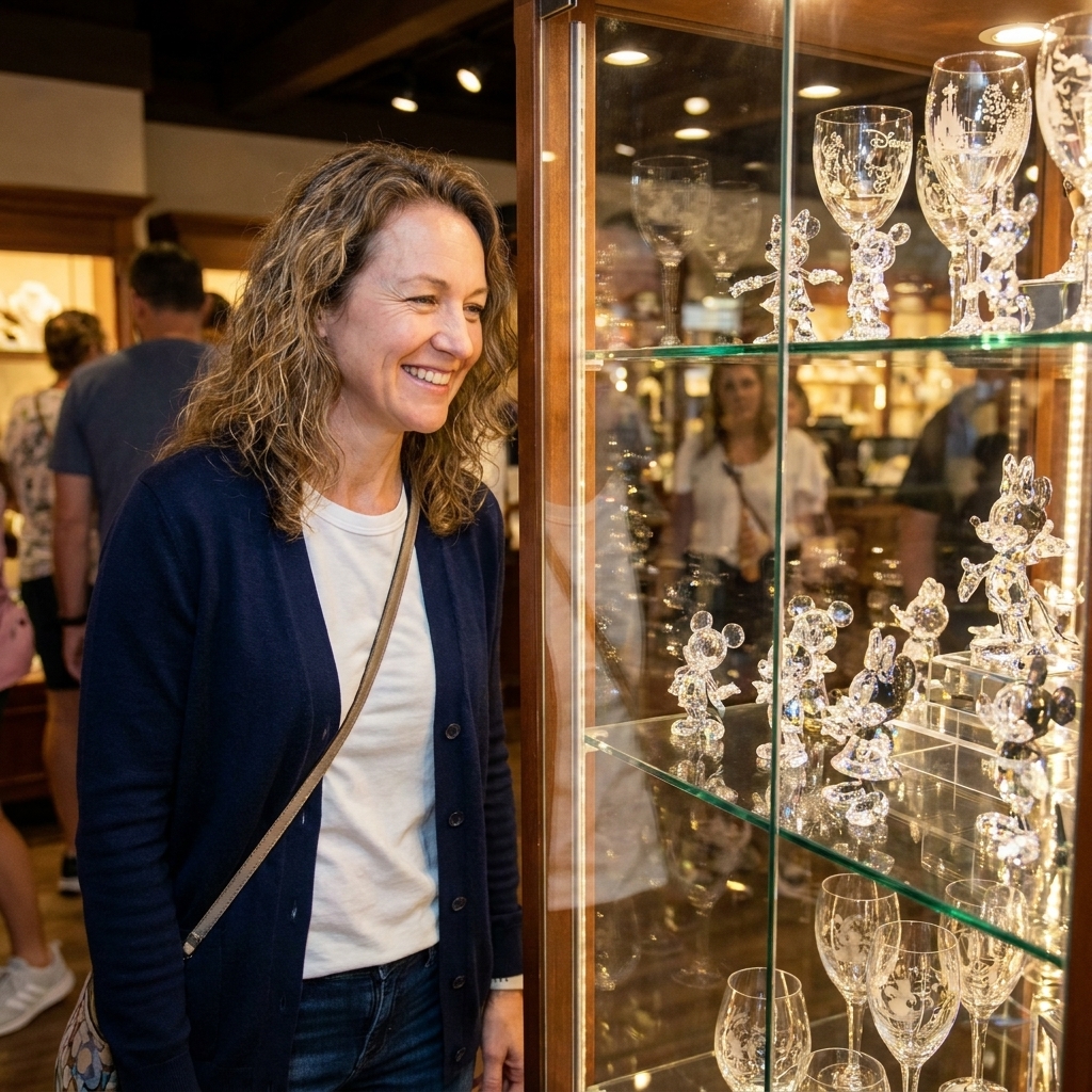 A glass display case inside Arribas Brothers at Disney Springs filled with sparkling crystal figurines and souvenir glassware