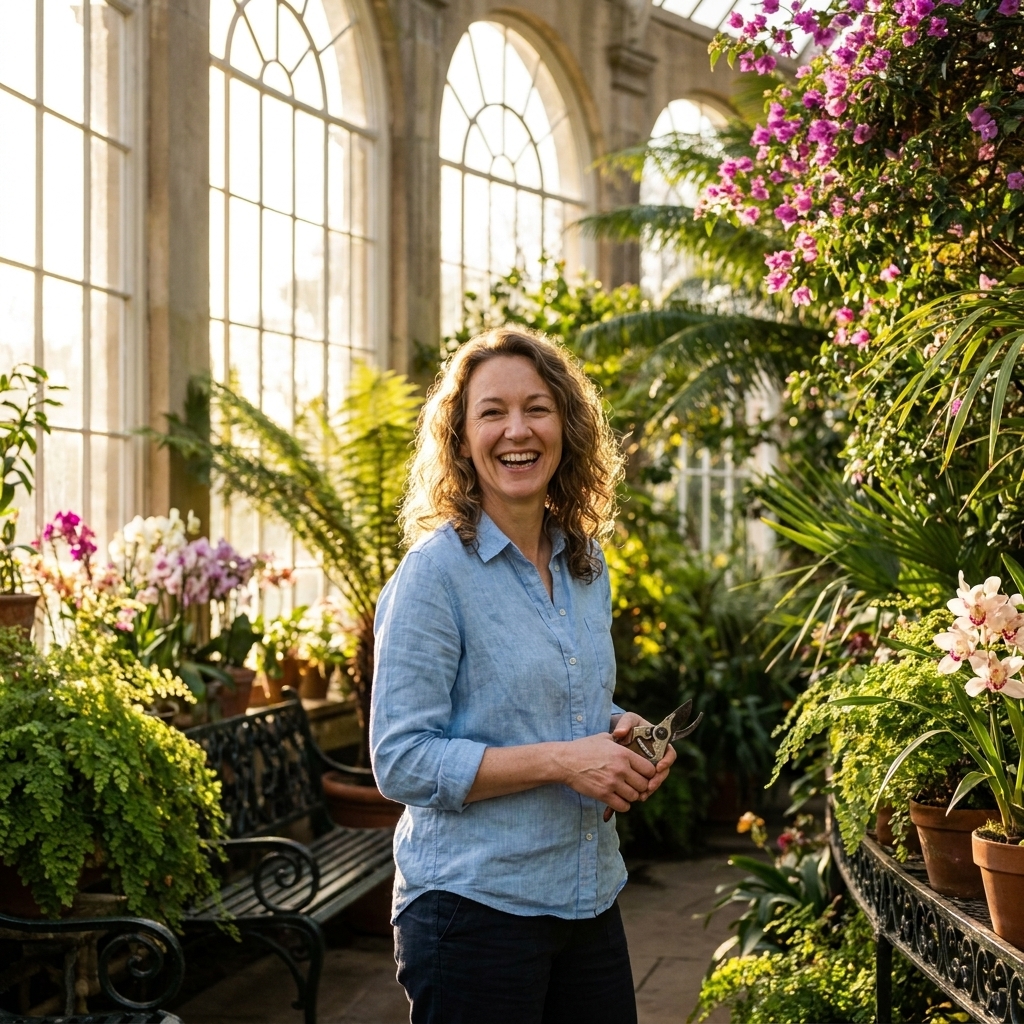 A grand glass conservatory interior filled with lush greenery and flowering plants, with sunlight streaming through tall arched windows