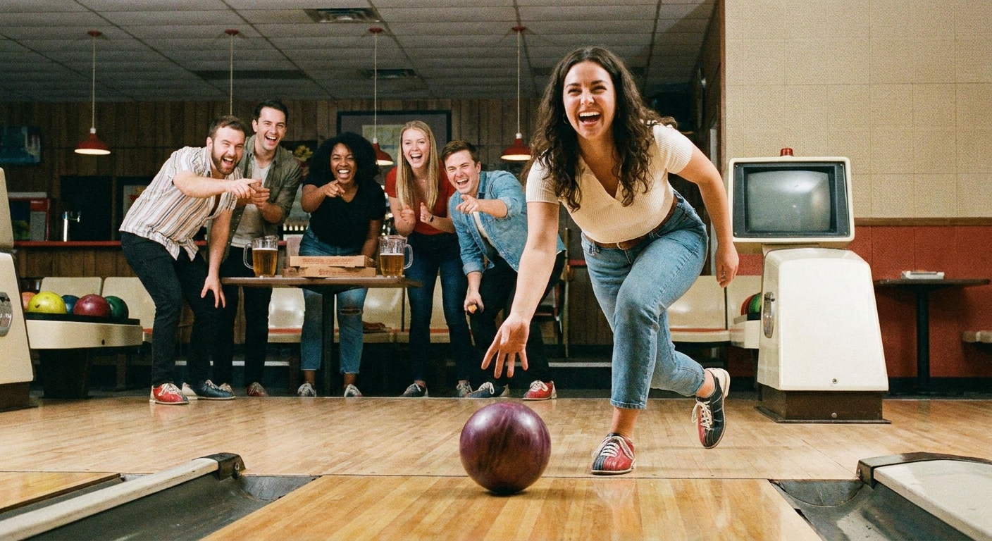 A group of friends laughing near a bowling lane as one person releases a bowling ball