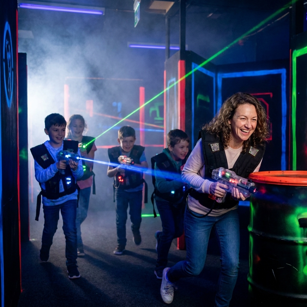 A group of kids in laser tag vests running through a dark laser tag arena with glowing obstacles and colored lights