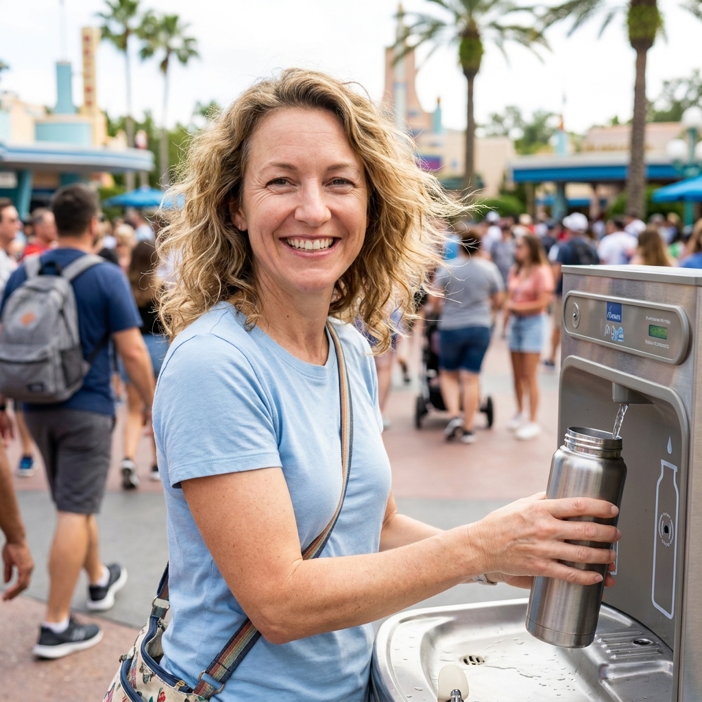 A guest refilling an insulated water bottle at a bottle-fill station inside a busy outdoor theme park
