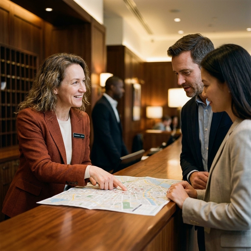 A hotel concierge at a polished front desk pointing at a city map while a couple listens, suggesting local nightlife recommendations