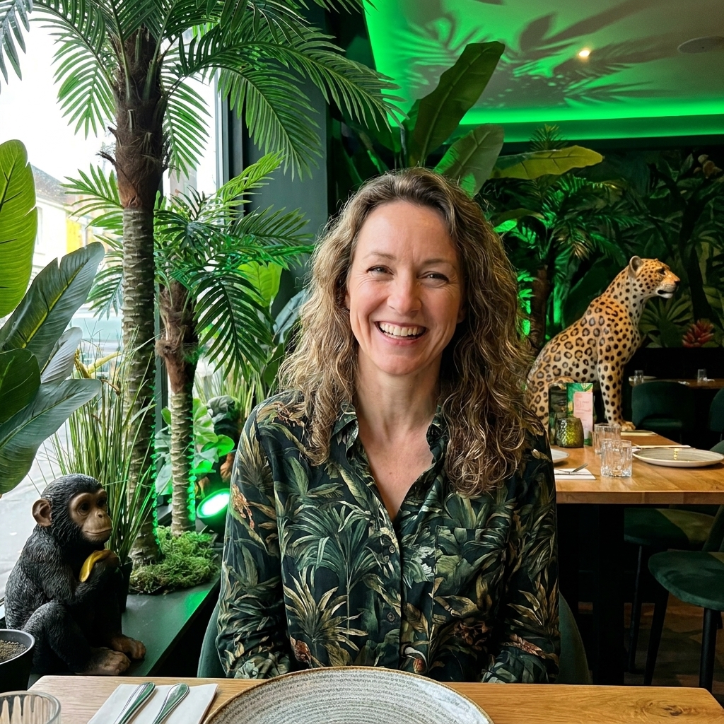 A jungle-themed dining room with artificial trees, dim green lighting, and animal figures near the tables