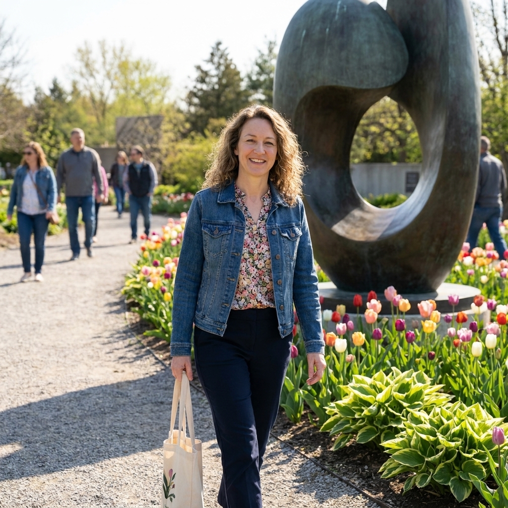 A landscaped garden path at Frederik Meijer Gardens in Michigan with a large bronze sculpture beside flowering beds and visitors strolling on a clear day