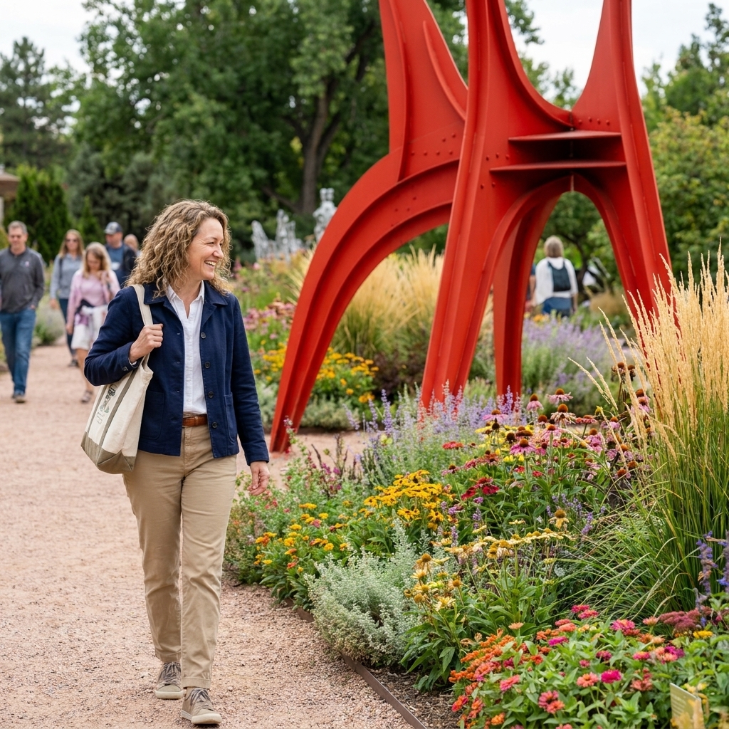 A landscaped path at Denver Botanic Gardens with contemporary outdoor sculpture set among colorful plantings and visitors strolling