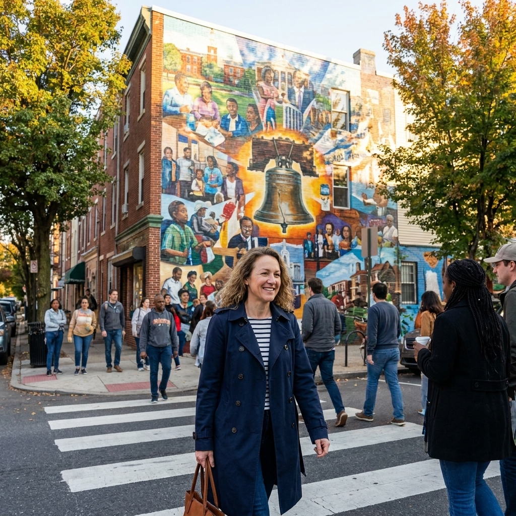 A large Philadelphia neighborhood mural covering the side of a building, with pedestrians at the crosswalk and leafy trees framing the scene