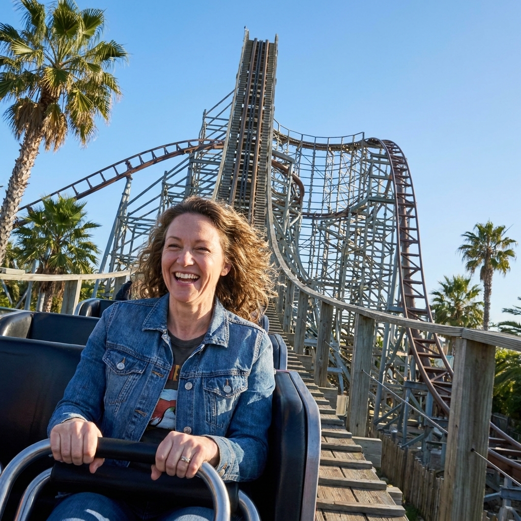 A large hybrid roller coaster with steep drops and twisted track towering above palm trees in bright daylight