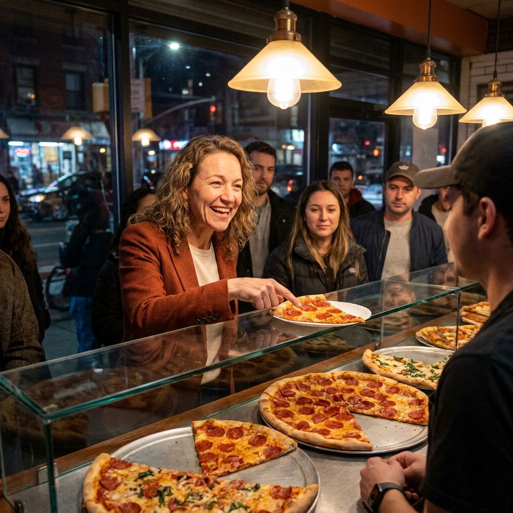 A late-night pizza counter with fresh slices behind glass and customers ordering quickly under warm lights