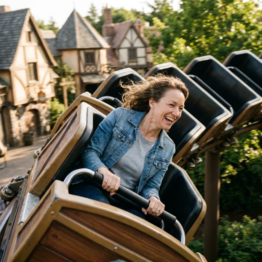 A launched roller coaster train speeding through a low, banked element with themed buildings and trees in the background