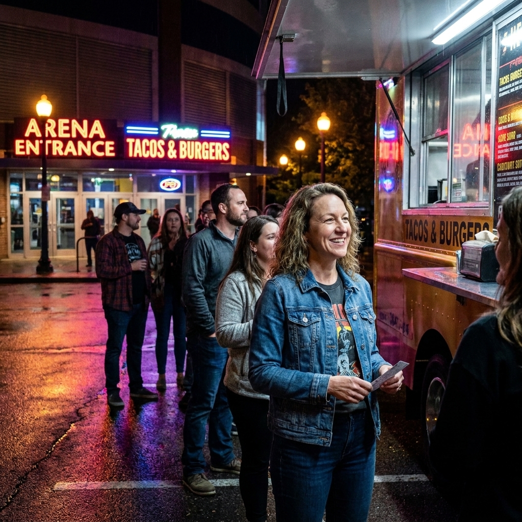 A line of concertgoers waiting at a food truck outside an arena at night, with neon signs and streetlights reflecting on the pavement