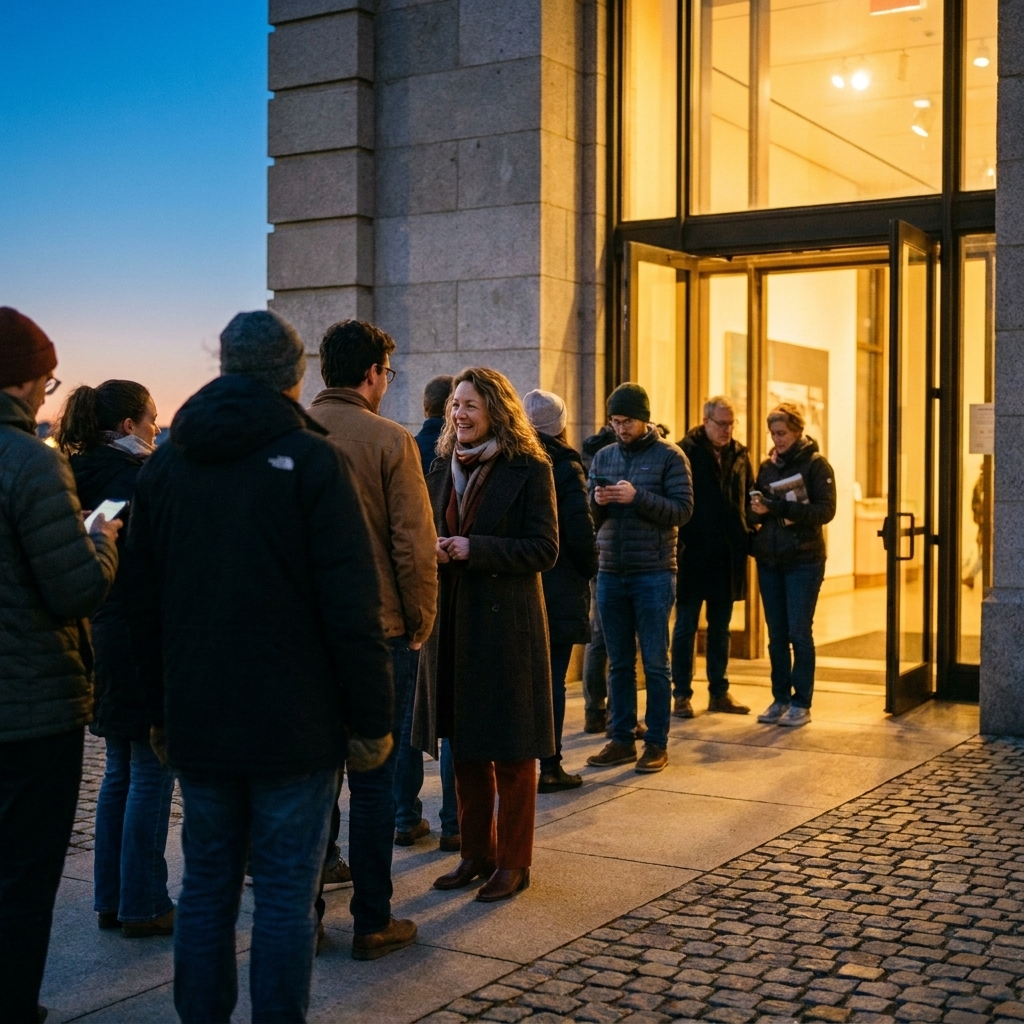 A line of visitors waiting outside a museum in the early evening as lights glow from the entrance