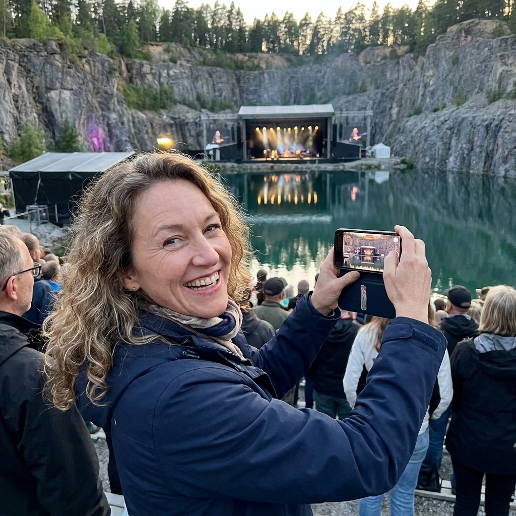A live concert at Dalhalla in Rättvik, Sweden, set inside a limestone quarry with steep rock walls and a calm lake near the stage