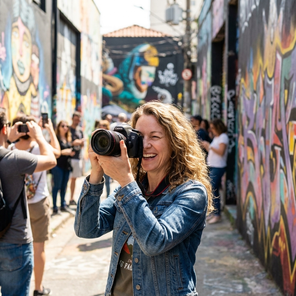 A lively alley in São Paulo’s Beco do Batman with bright murals on both sides, people walking through and photographing the artwork in daylight