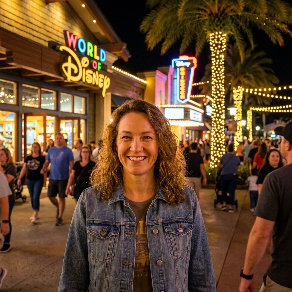 A lively evening scene at Disney Springs in Florida with glowing storefronts, palm trees, and crowds strolling under warm lights