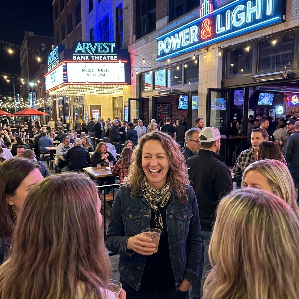A lively nighttime crowd in Kansas City's Power and Light District with illuminated signs, outdoor seating, and music venue entrances