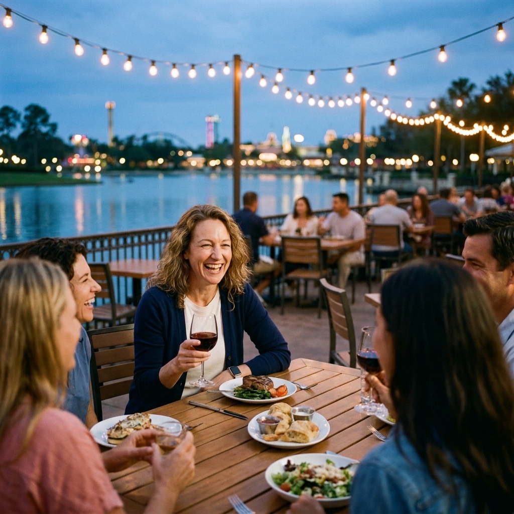 A lively theme park waterfront restaurant patio with string lights, guests dining outdoors, and a calm lagoon in the background at twilight
