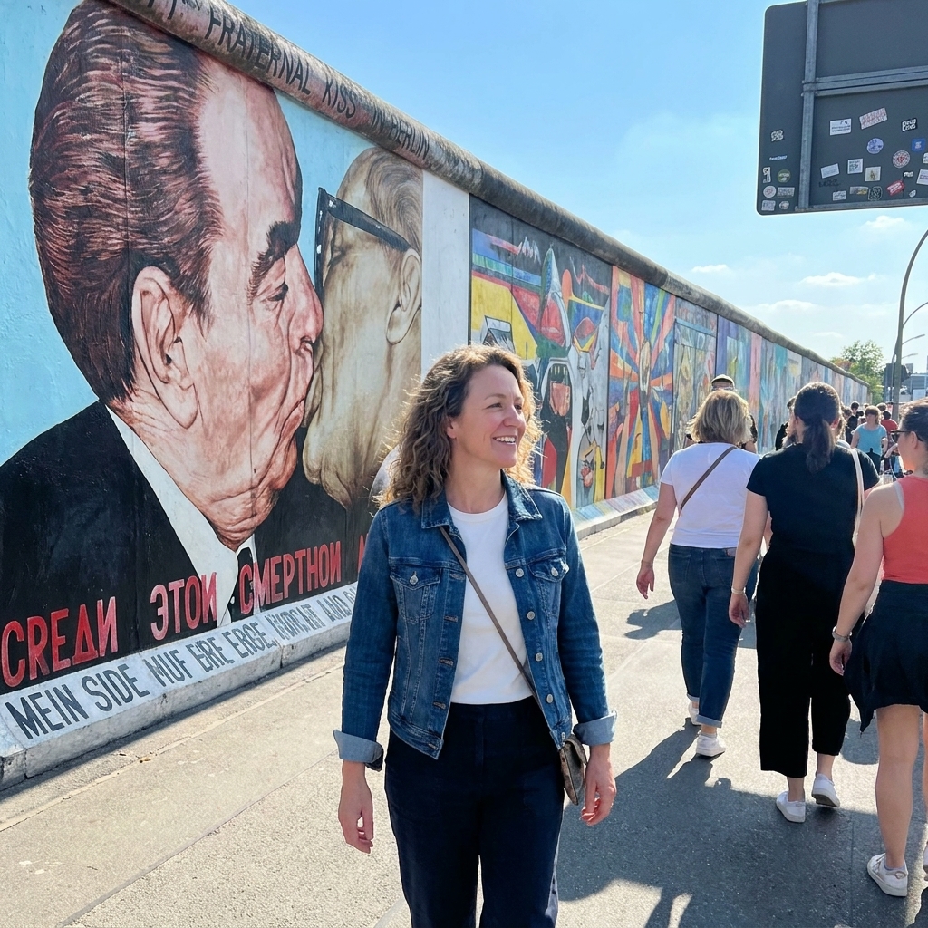 A long section of the Berlin Wall covered in bright murals at the East Side Gallery, with visitors walking along the path on a clear day