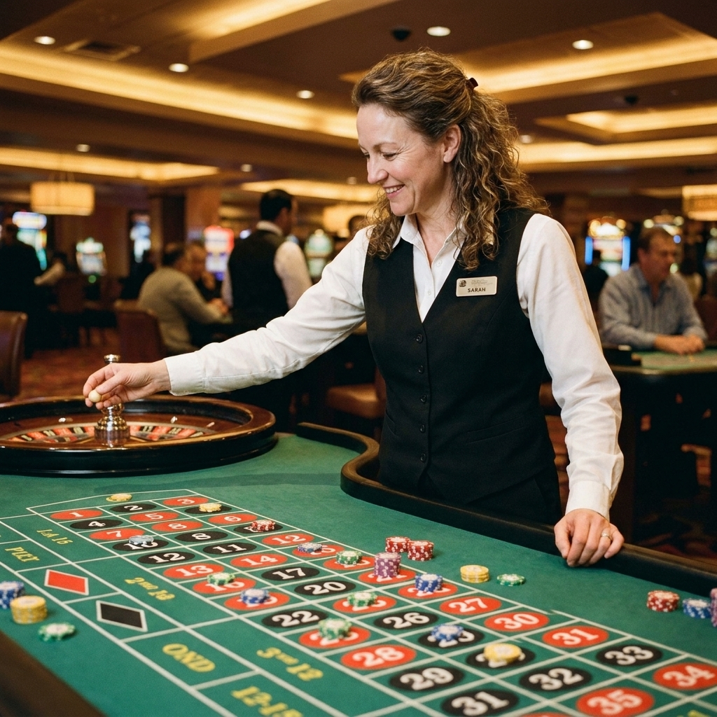 A low-limit roulette table with chips placed on the betting layout and a dealer preparing to spin the wheel