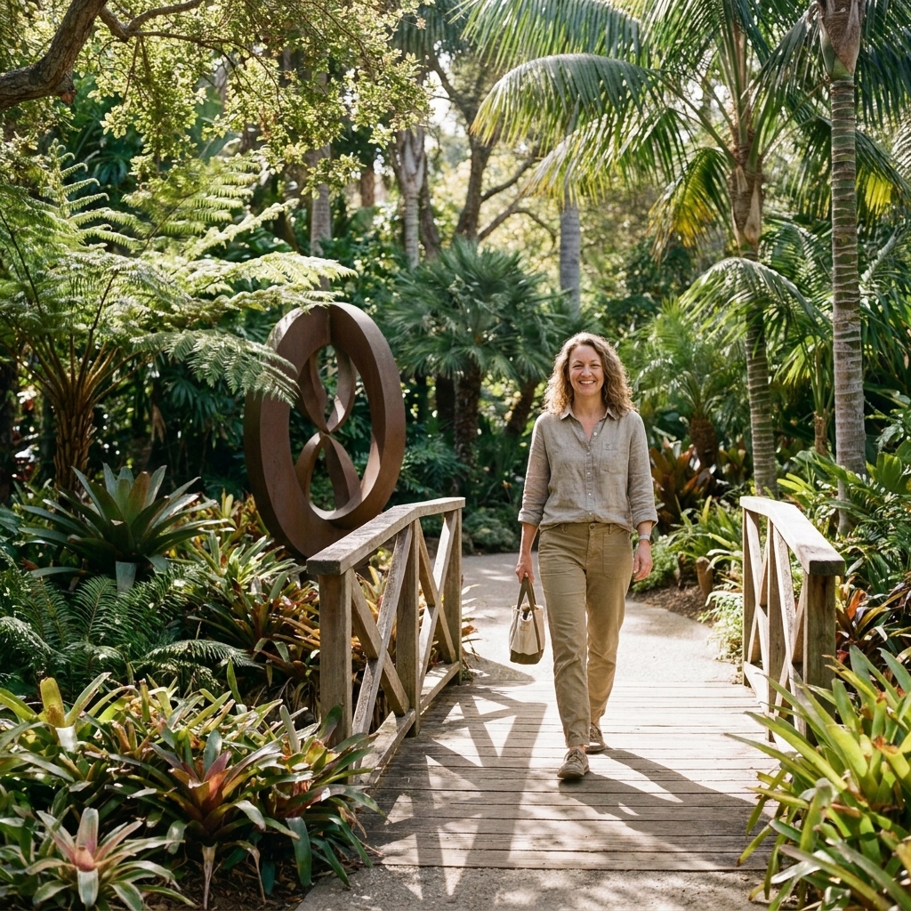 A lush garden path at San Diego Botanic Garden in Encinitas with tropical plants, a wooden footbridge, and an outdoor sculptural element beside the walkway