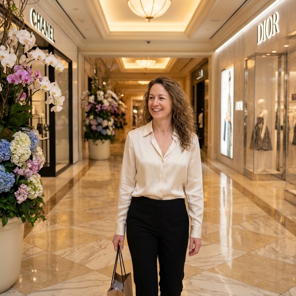 A luxury shopping corridor inside Wynn and Encore with high-end storefronts, lush floral displays, and softly lit marble floors