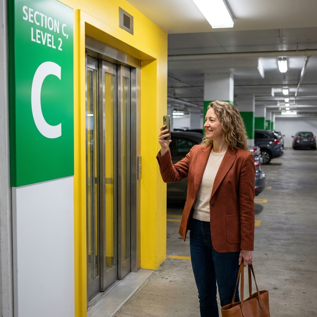 A mall parking garage with clear section signage and an elevator lobby, showing a typical spot where visitors take a reference photo