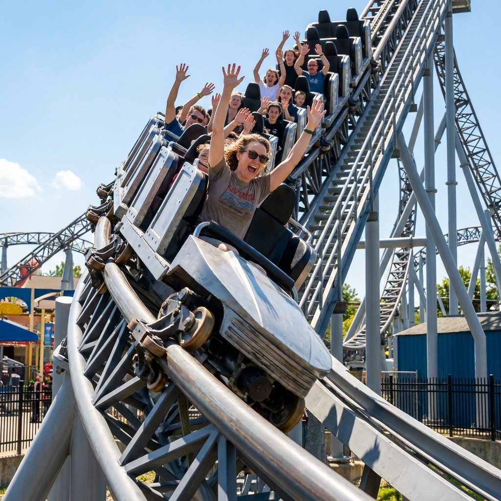 A massive steel roller coaster train descending a tall hill with riders’ hands up on a sunny day