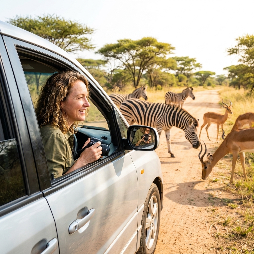 A minivan driving slowly on a safari park road while zebras and antelope stand near the roadside in bright daylight