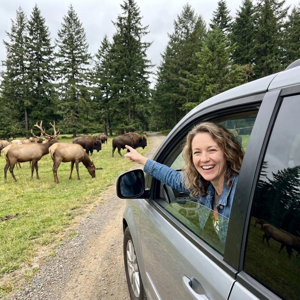 A minivan passing a herd of elk and bison on a green, tree-lined drive-through safari route in Oregon