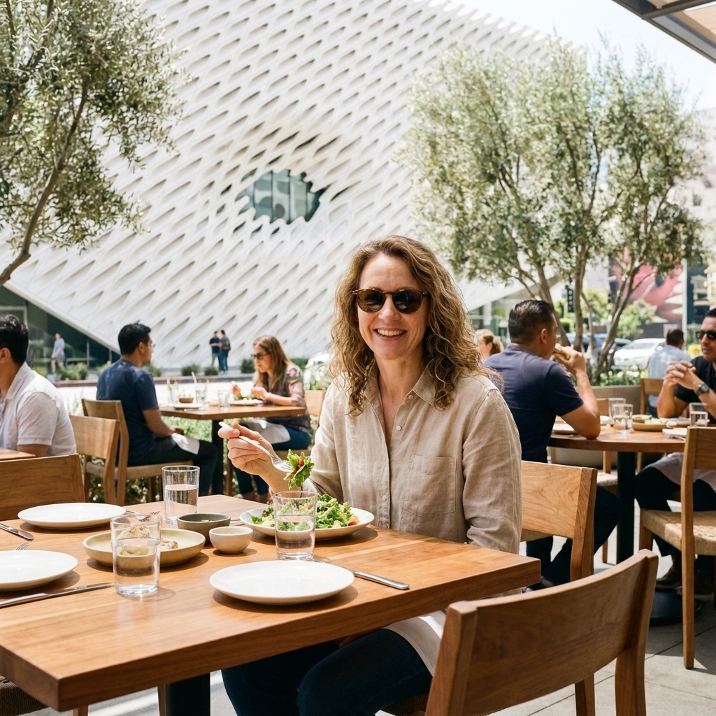 A modern dining space at Otium near The Broad in Los Angeles, with a lively patio and contemporary tables set for lunch