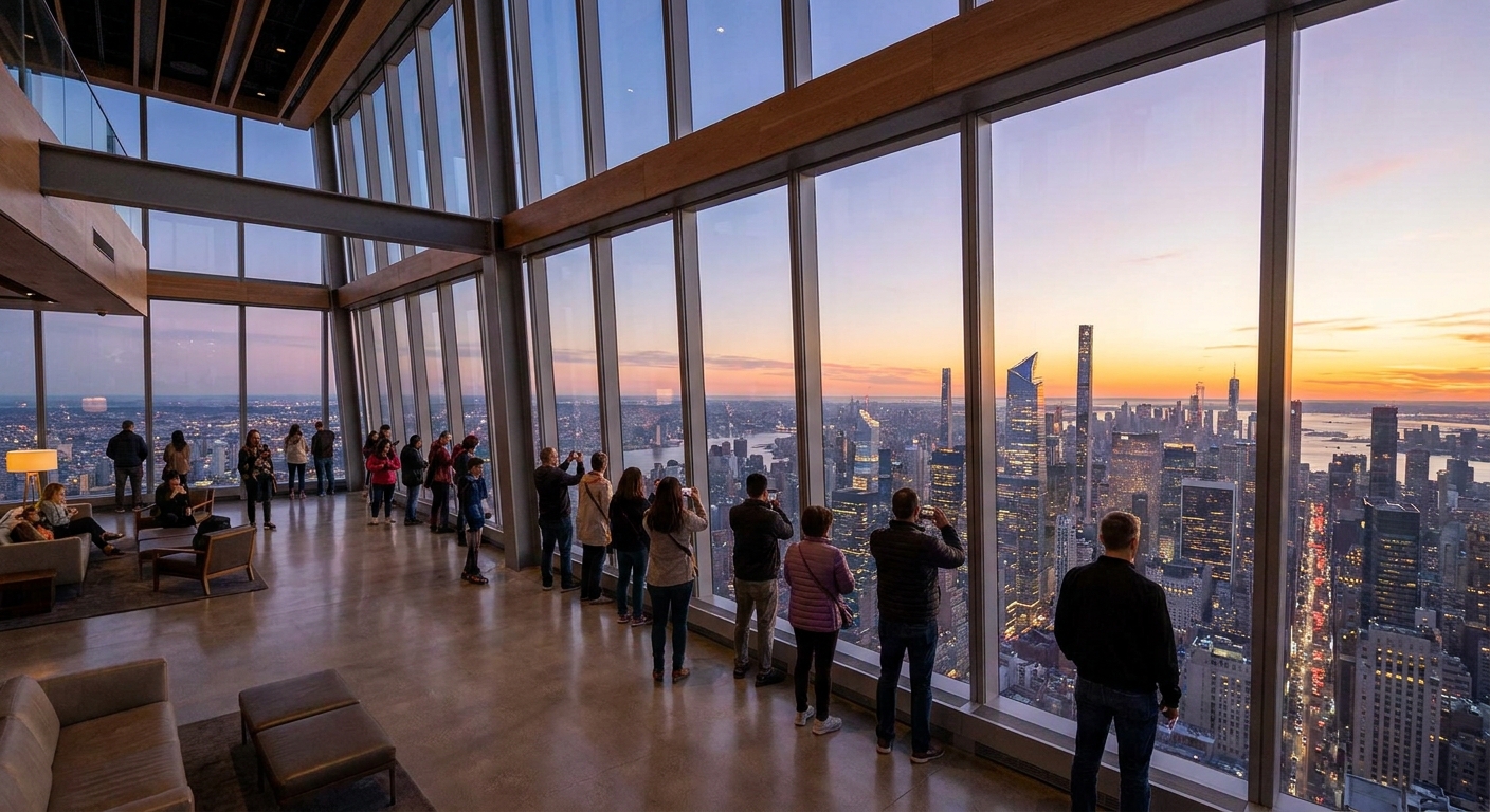A modern indoor observation deck with floor-to-ceiling windows overlooking a city skyline at dusk, visitors standing near the glass