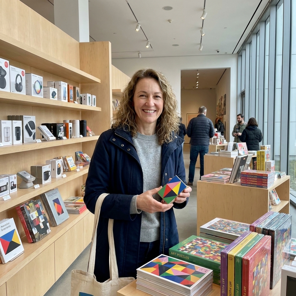A modern museum store interior with minimalist shelving, colorful design gadgets, and neatly stacked art puzzles