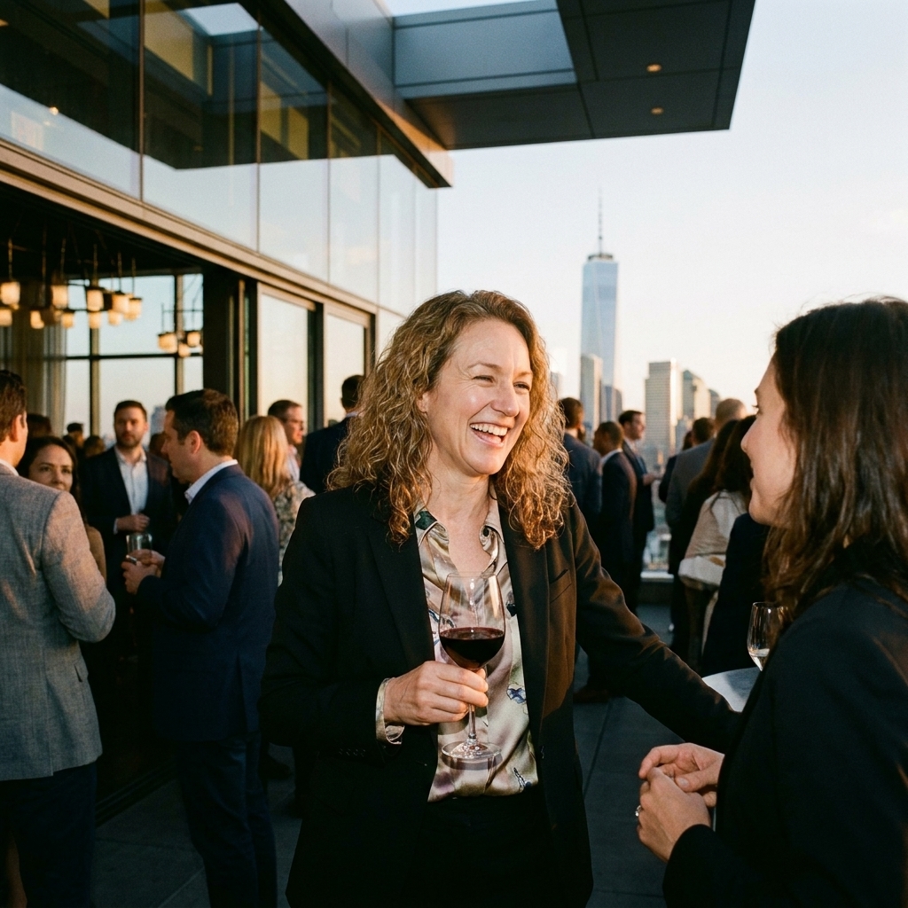 A modern rooftop bar in Manhattan with people mingling near tall windows and One World Trade Center visible in the distance