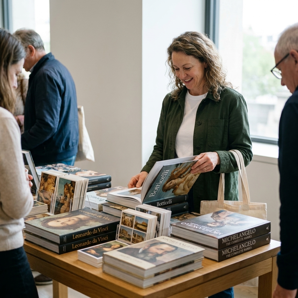 A museum bookshop table stacked with Renaissance art books and postcard sets, with visitors browsing