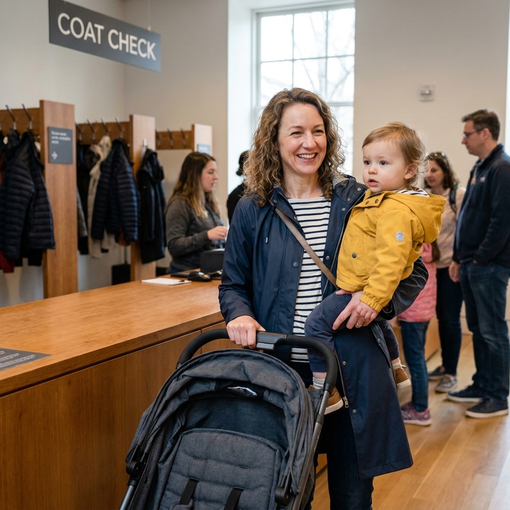 A museum coat check area with a stroller being parked neatly near a counter while a parent holds a toddler