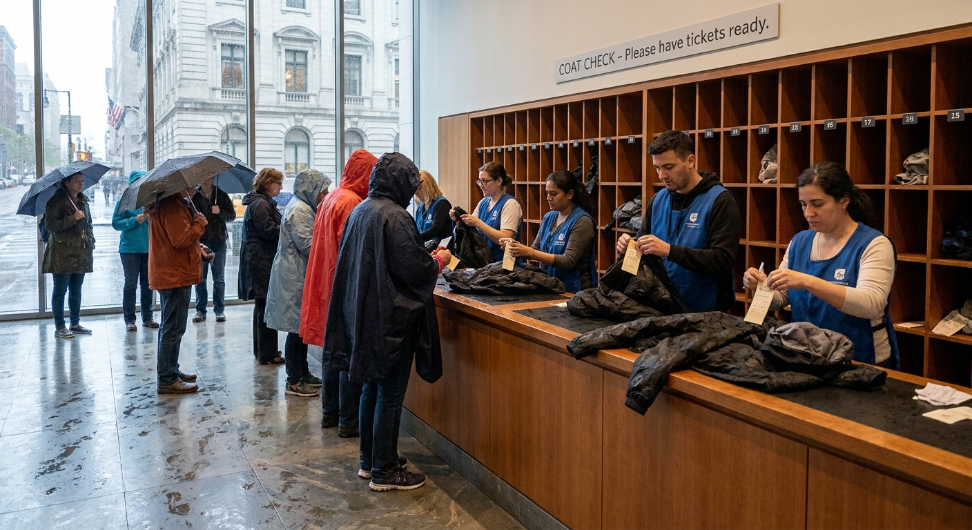 A museum coat check area with visitors handing over wet umbrellas and jackets while staff tags items behind a counter